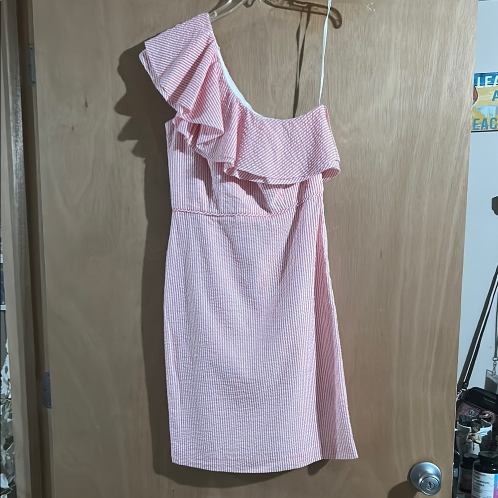 J. Crew Pink and White Striped One-Shoulder Cocktail Dress